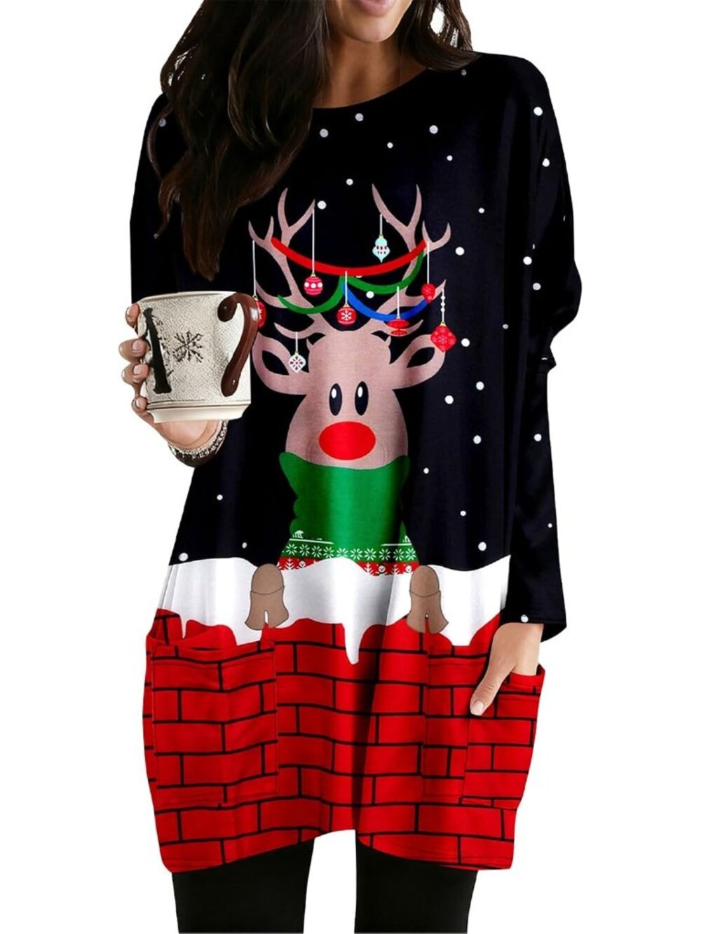Women's Black Christmas Long Sleeve Tops Santa Printed Pockets Shirt Dresses